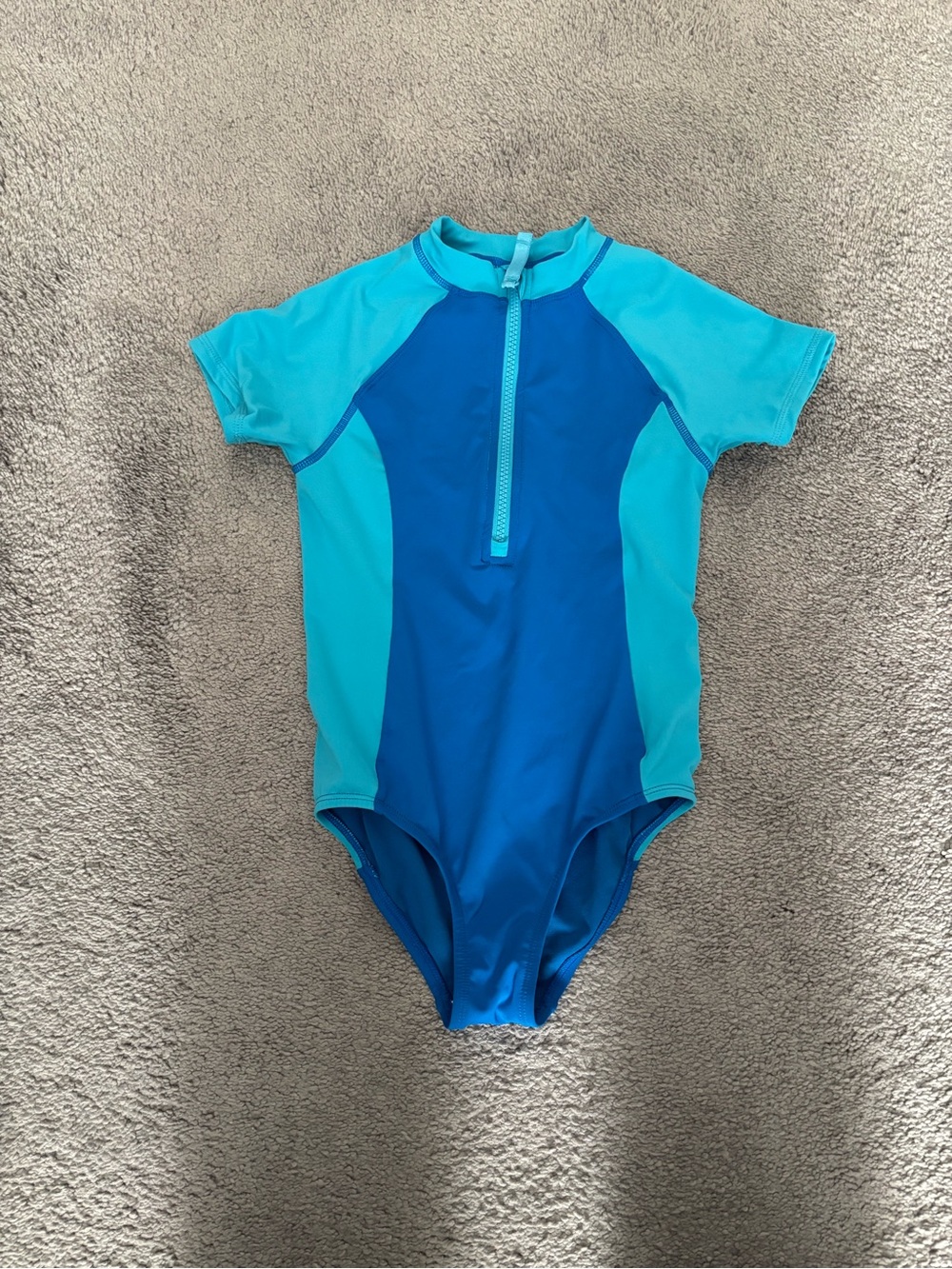 Lands' End Two-Tone Blue Short-Sleeve Zip Front One-Piece Swim